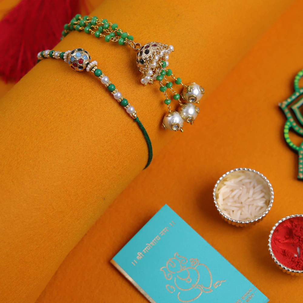  Bhaiya Bhabhi Green Jadau Pearl Rakhi Set
